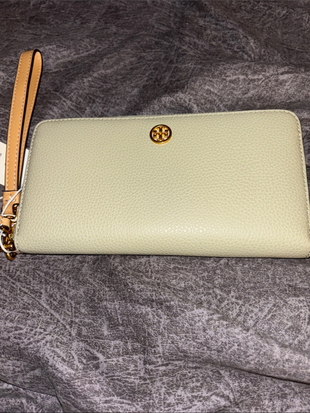 Tory Burch Mint Green Pebbled Leather Wristlet with Tan Strap